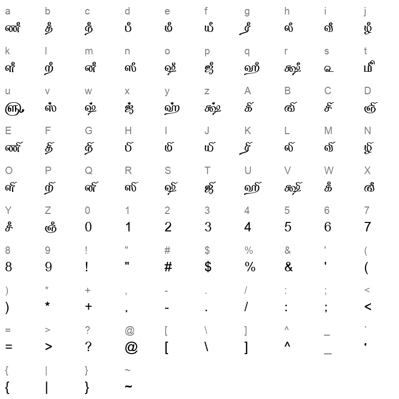 TAM Tamil104 Normal Character Map