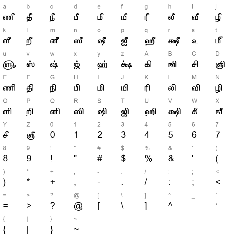 TAM Tamil109 Normal Character Map