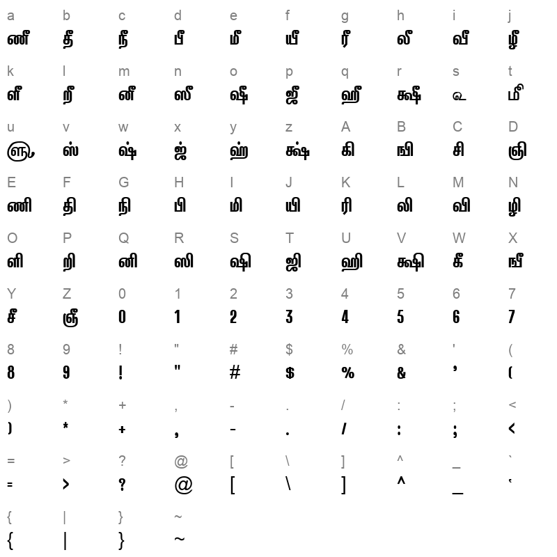TAM Tamil117 Normal Character Map
