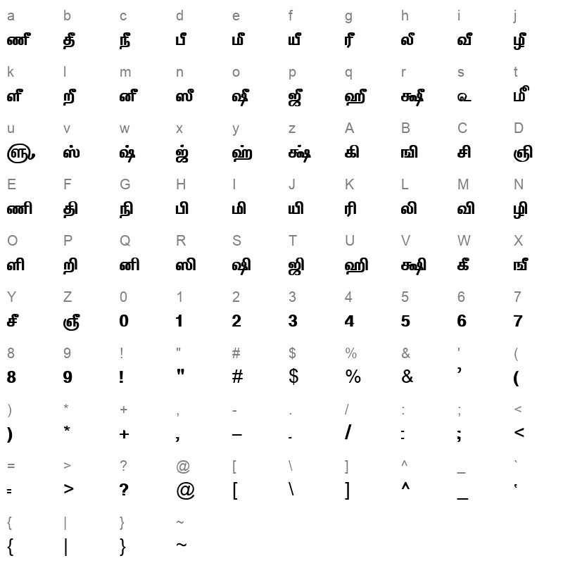 TAM Tamil119 Normal Character Map