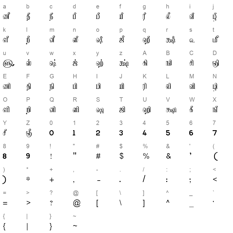 TAM Tamil130 Normal Character Map