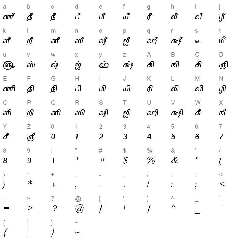 TAM Tamil133 Normal Character Map