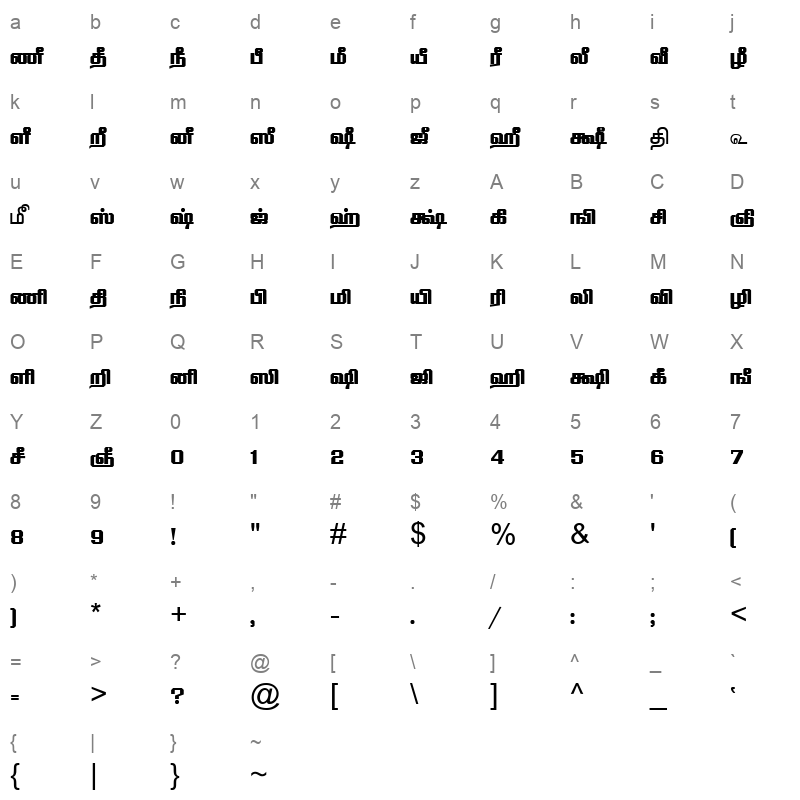 TAM Tamil135 Normal Character Map
