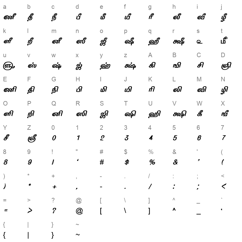 TAM Tamil167 Normal Character Map