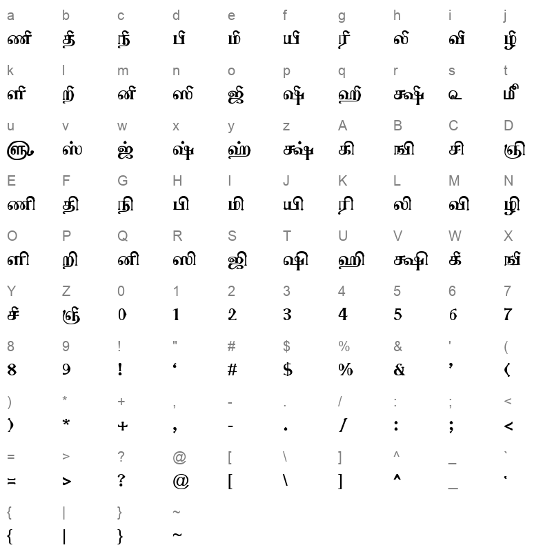 TAM Tamil169 Normal Character Map