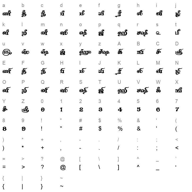 TAM Tamil170 Normal Character Map