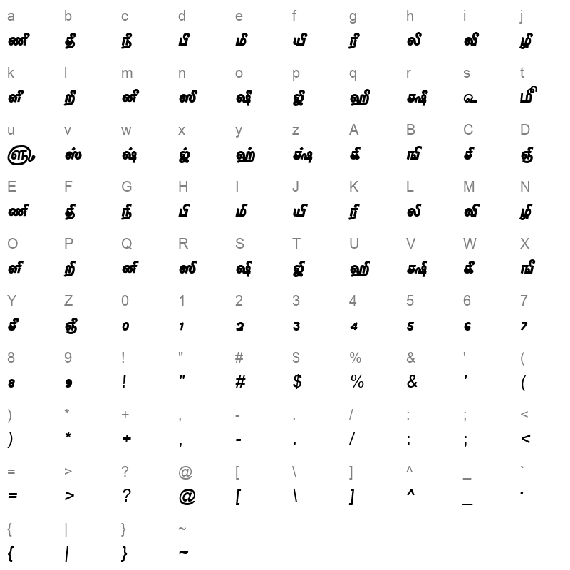 TAM Tamil172 Normal Character Map