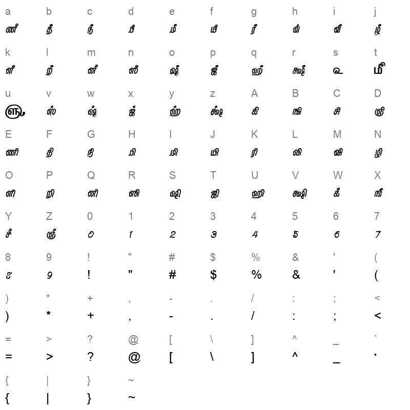 TAM Tamil175 Normal Character Map