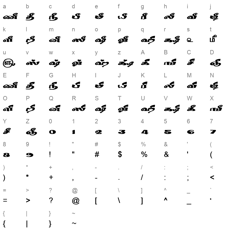 TAM Tamil180 Normal Character Map