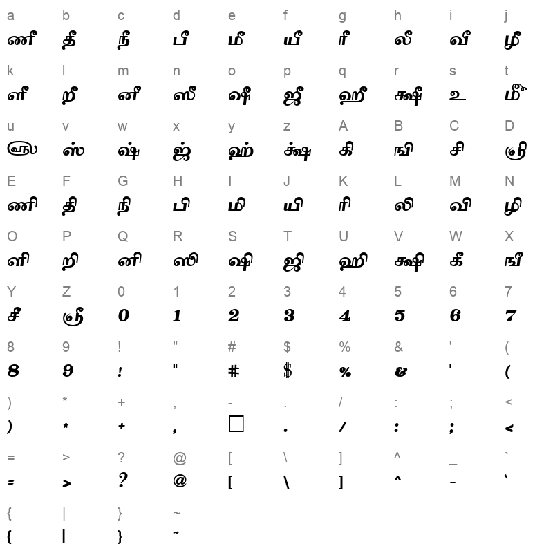 Tam Tamil185 Bold Character Map