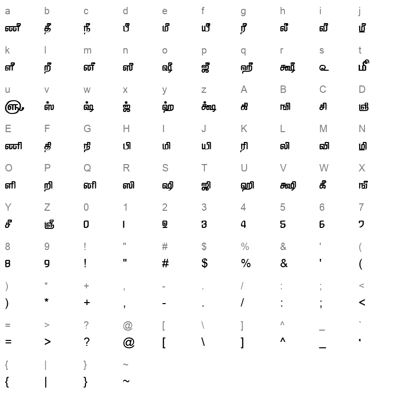 TAM Tamil187 Normal Character Map