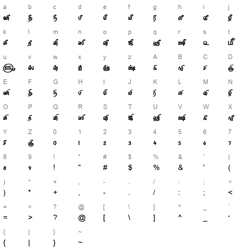 TAM Tamil188 Normal Character Map