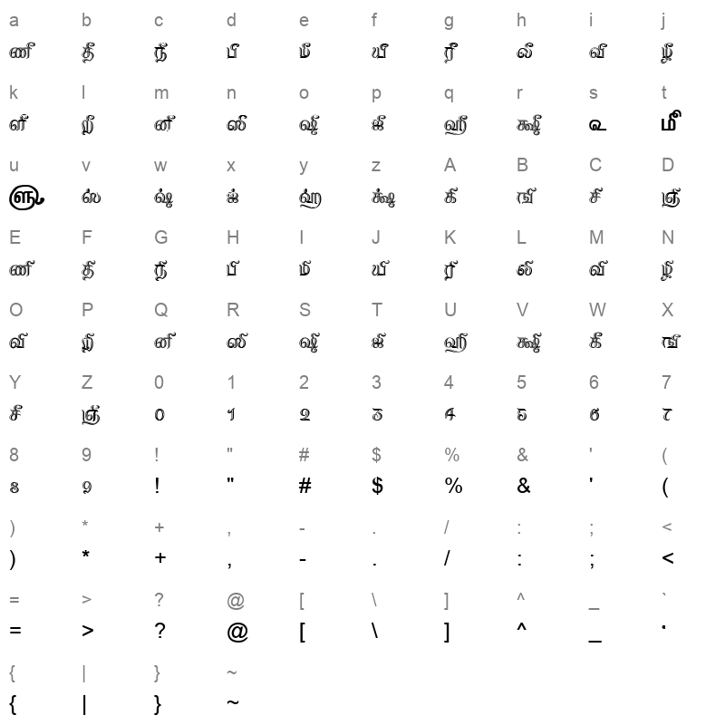 TAM Tamil190 Normal Character Map