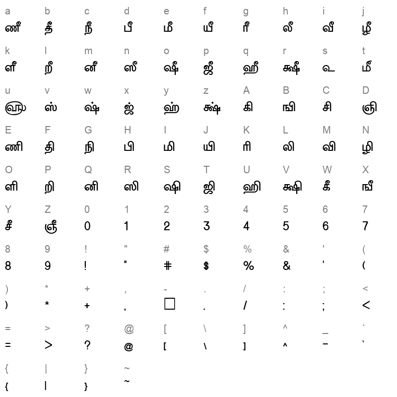 Tam Tamil197 Bold Character Map
