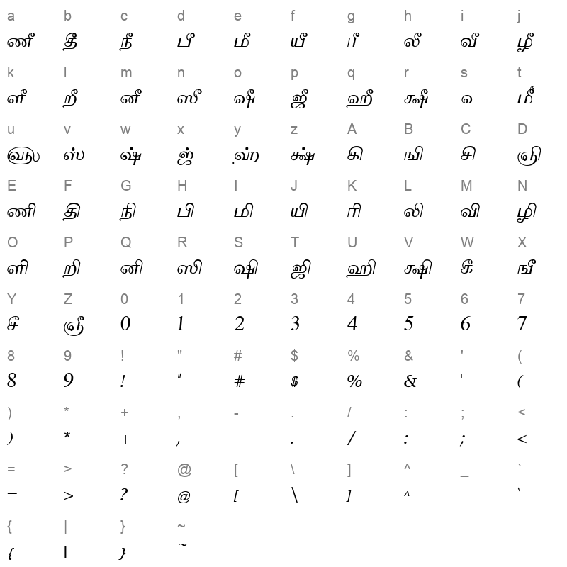 Tam Tamil200 Normal Character Map