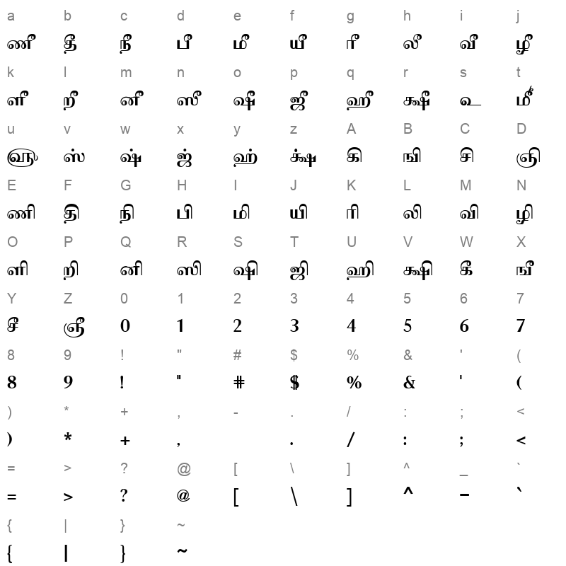 Tam Tamil201 Bold Character Map