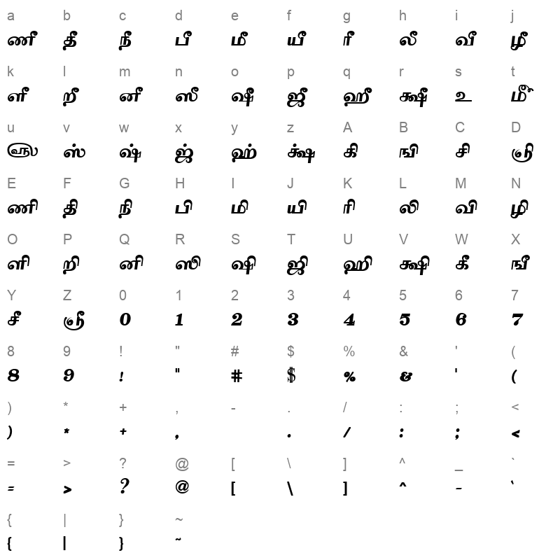 Tam Tamil203 Bold Character Map