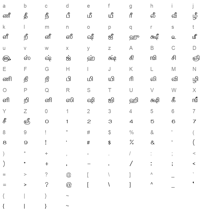 TAM Tamil204 Normal Character Map