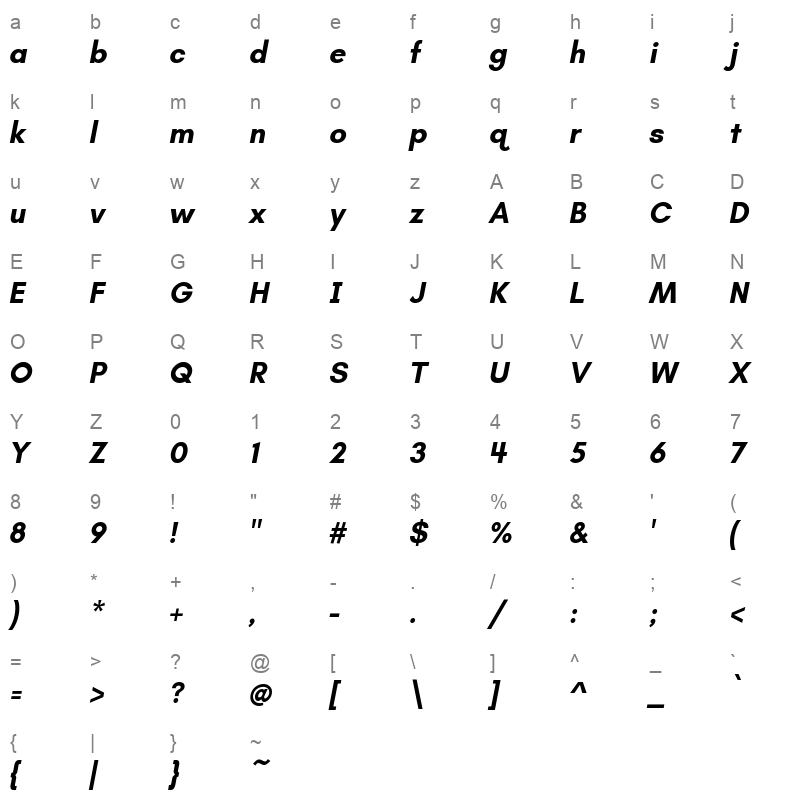 Teachers Bold Italic Character Map