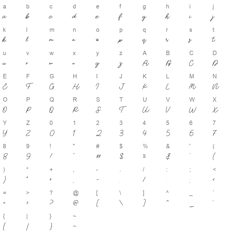 Thursday Script Character Map