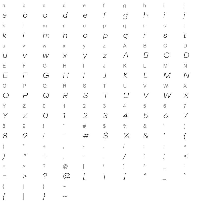 TT Hoves Expanded ExtraLight Italic Character Map