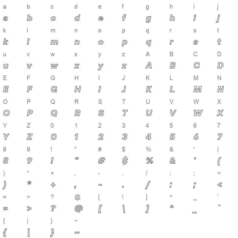 TT Hoves Pro Bold Outline Italic Character Map