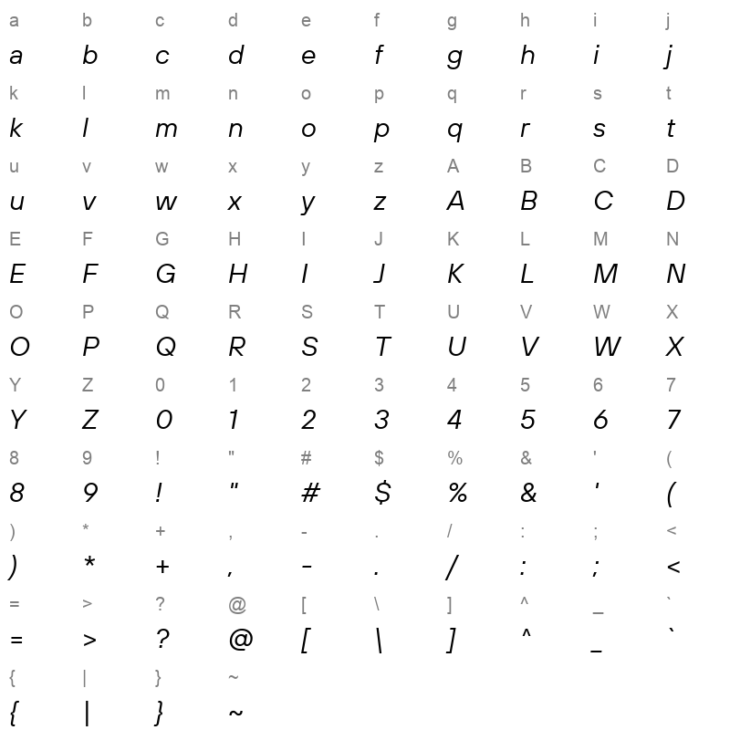 TT Hoves Pro Trial Italic Character Map