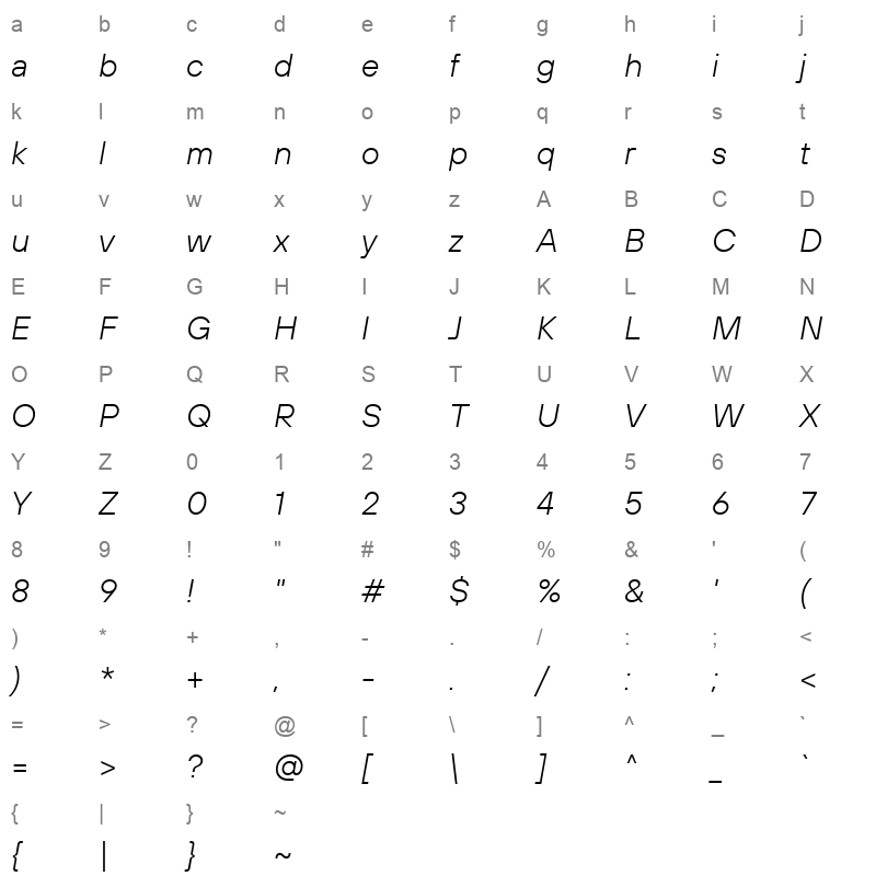 TT Hoves Pro Trial Light Italic Character Map