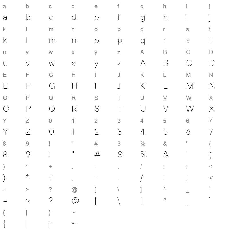 TT Hoves Pro Trial Thin Character Map