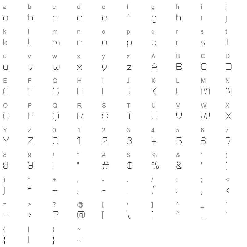 TurretRoad ExtraLight Character Map