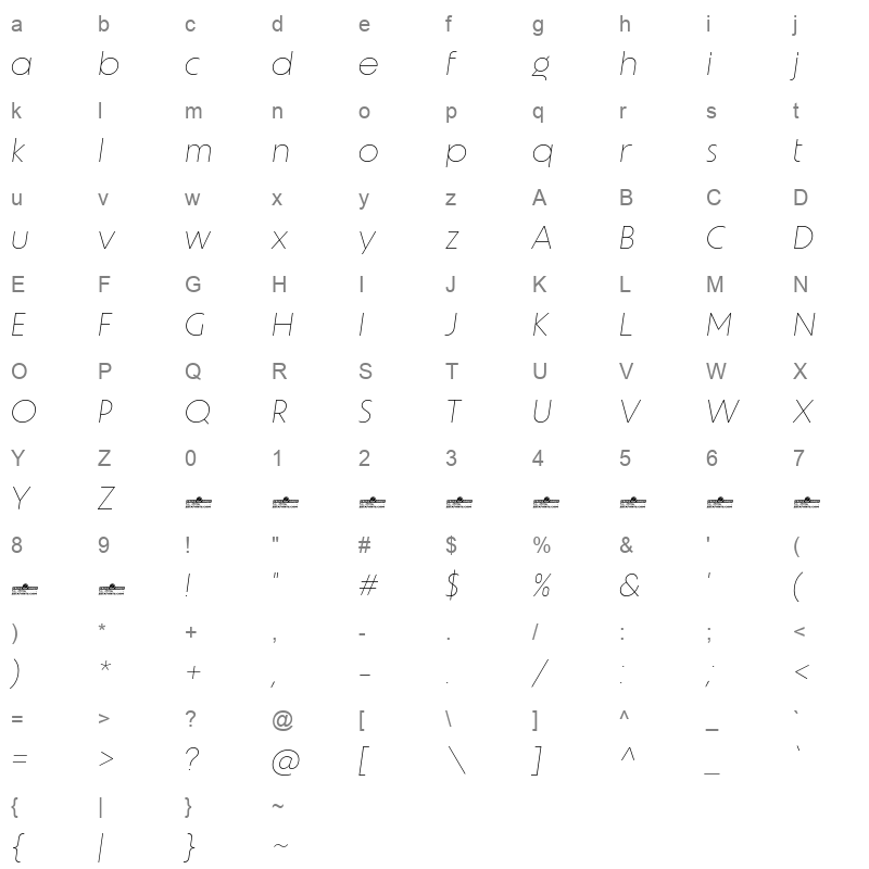 Unigeo64 Extralight Italic Character Map