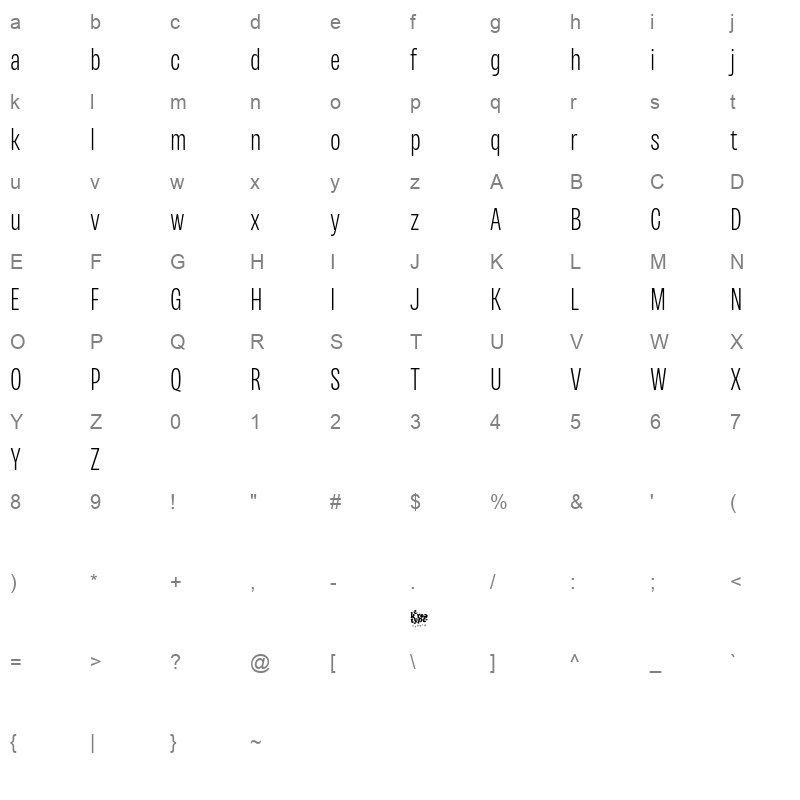 Variera ExtraLight Character Map