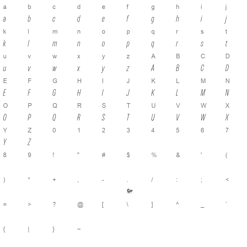 Variera ThinItalic Character Map