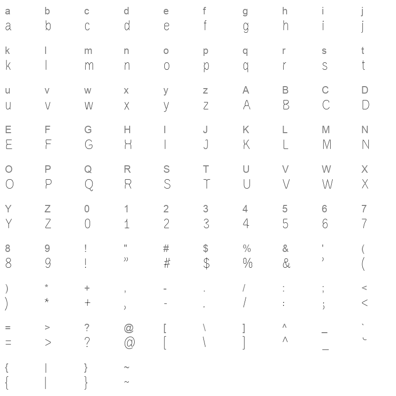 Velvelyne Light ttf Character Map