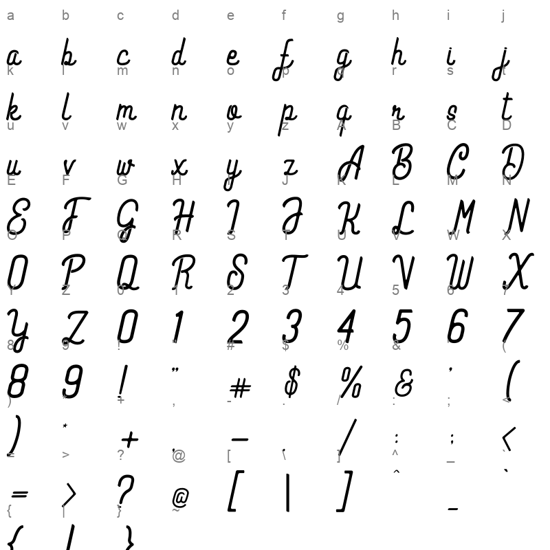 Volaroid Script Character Map