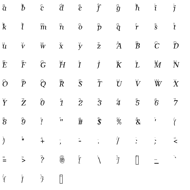 Wittgenstein Italic Regular Character Map