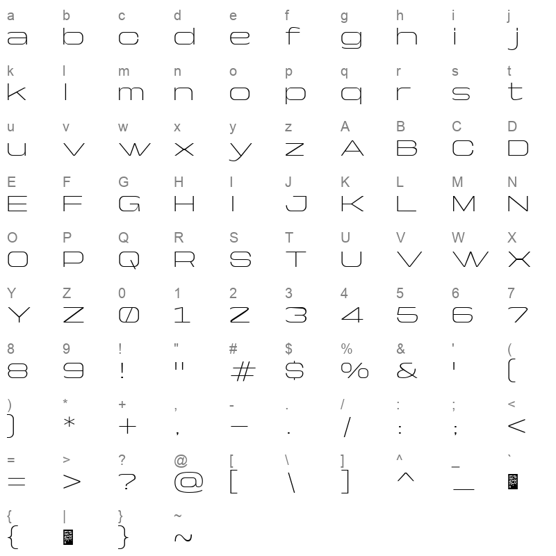 Yapari ExtraLight Character Map