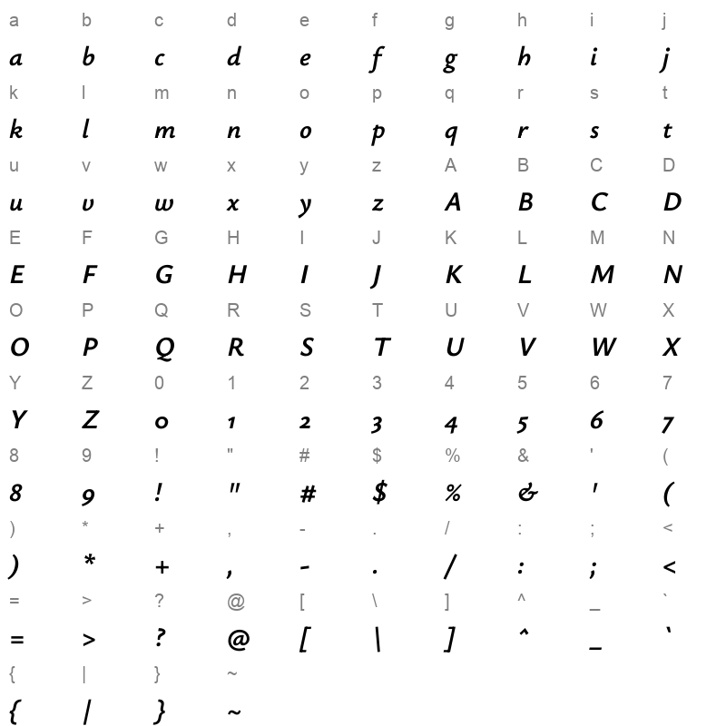 Ysabeau Italic VariableFont wght Character Map
