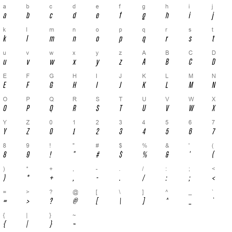 ZTRavigsfen Oblique Character Map